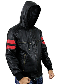 Black Biker Hoodie Bomber Leather Jacket