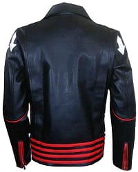 Outfit: Men’s Leather Jacket Funky style jacket Wore By: Freddie Mercury Funky style jacket Color: Black and Red Printed Arrow on Shoulder 100% Real leather Viscose Lining Key feature striking red piping Front Zip Closure Slim Fit body