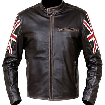 Cafe Racer UK Flag Patch Distressed Brown Biker Leather Jacket