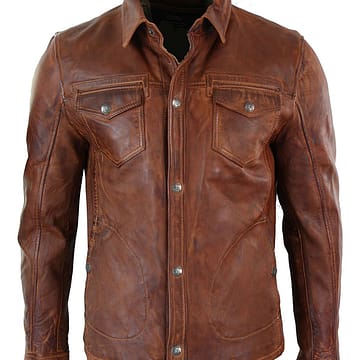Mens Leather Jacket Brown Retro Slim Fit Real Soft Genuine Waxed Leather Shirt