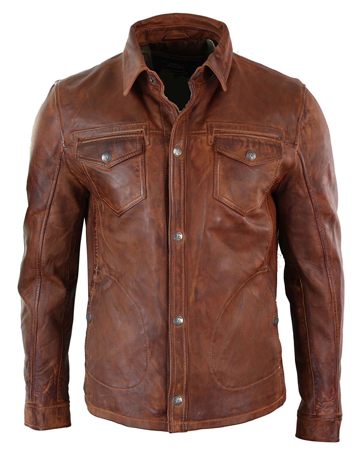 Mens Leather Jacket Brown Retro Slim Fit Real Soft Leather Shirt