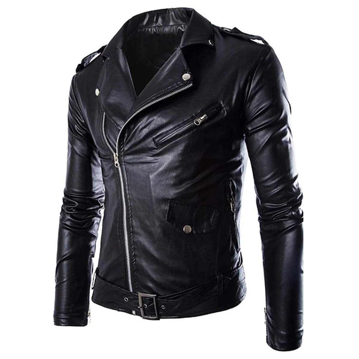 Diagonal front Zip Faux Black Leather Jacket